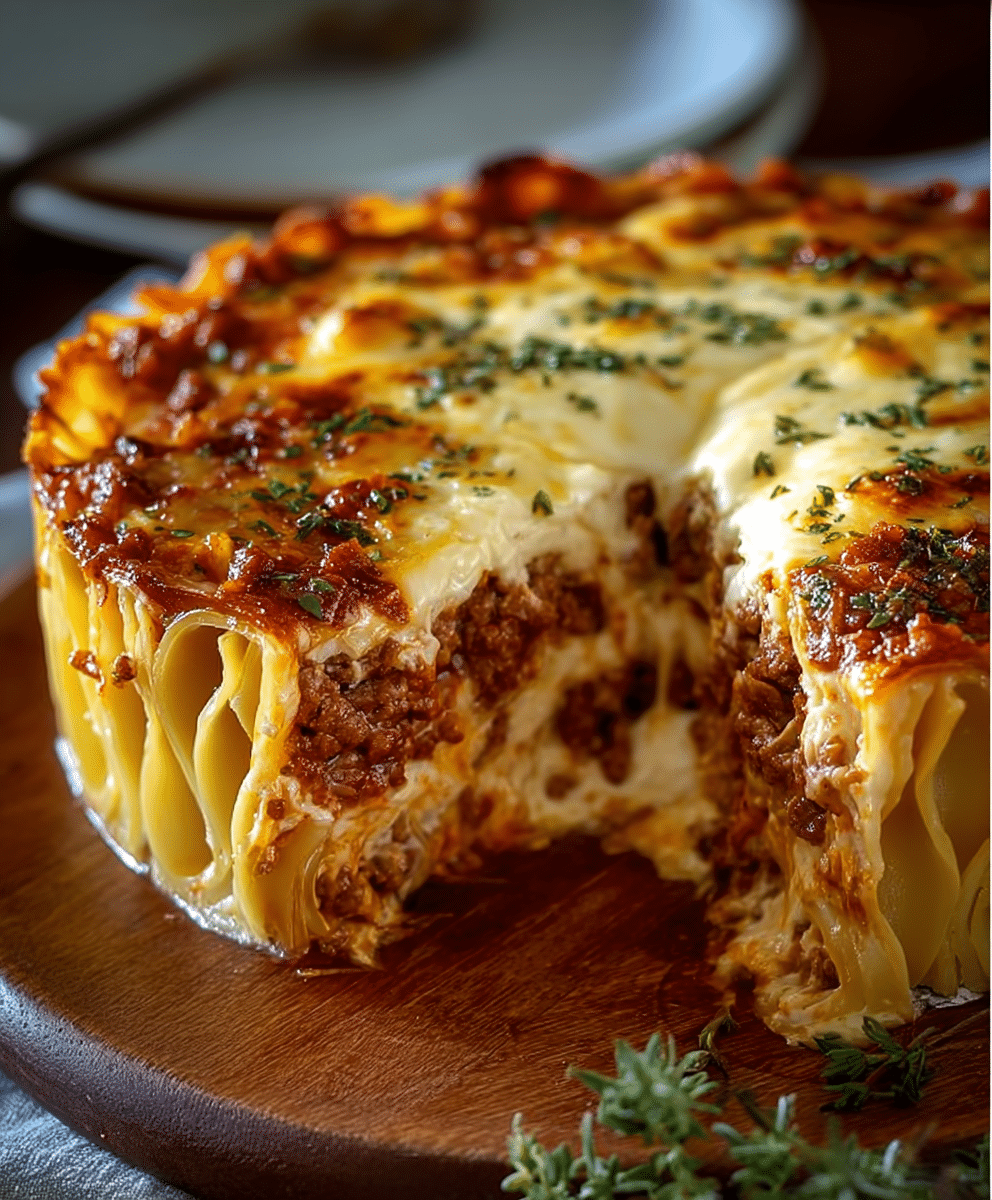 Baked Lasagna Pie with Creamy Cheese Topping