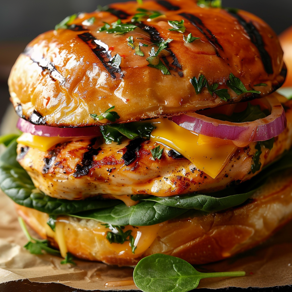 Cheddar Spinach Chicken Burger on Toasted Brioche