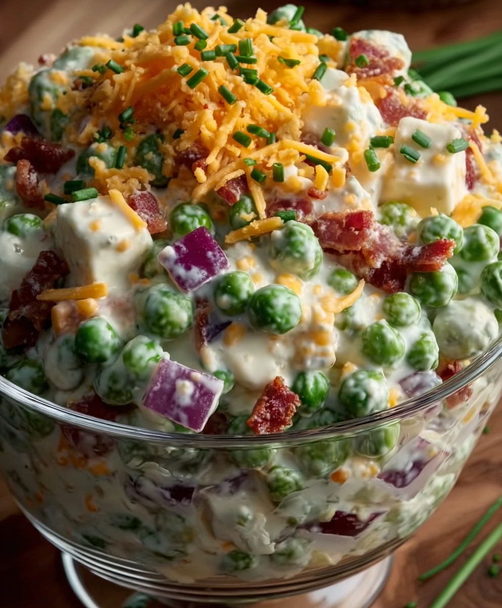 Creamy Bacon Pea Salad with Cheddar Cubes