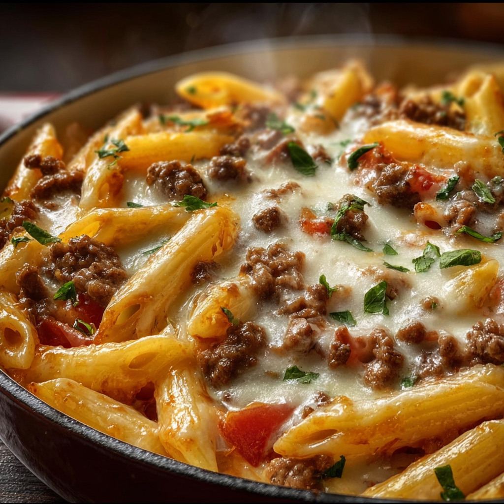 Creamy Baked Penne with Ground Beef and Mozzarella