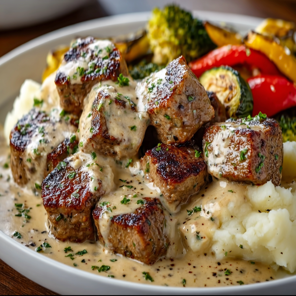 Creamy Garlic Parmesan Steak Bites with Mashed Potatoes
