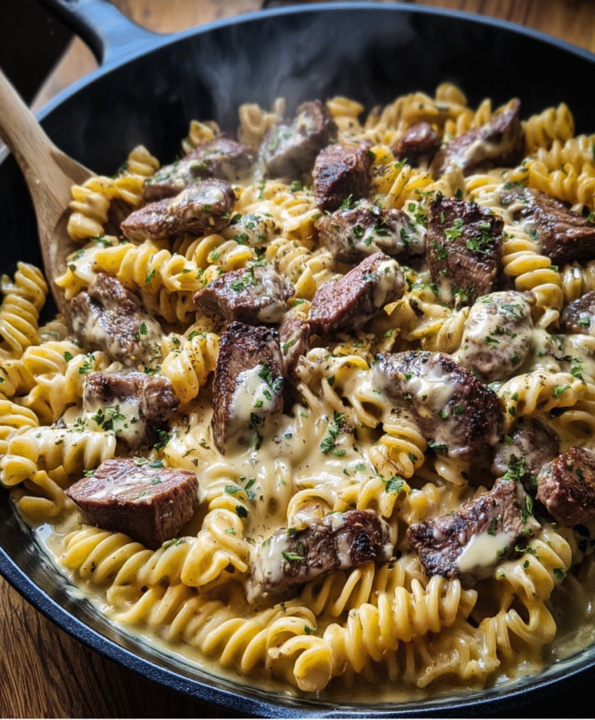 Creamy Steak & Cheddar Pasta Skillet