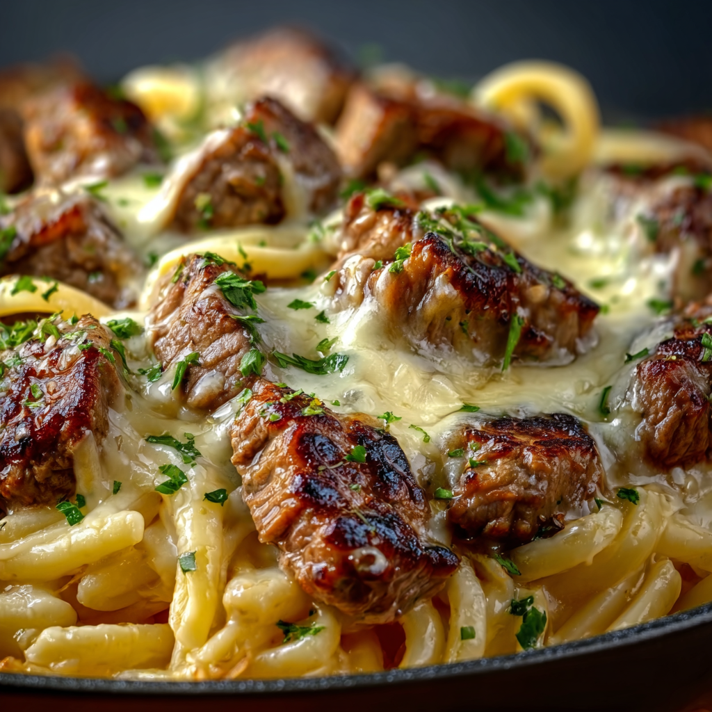 Garlic Butter Steak Pasta with Melted Mozzarella