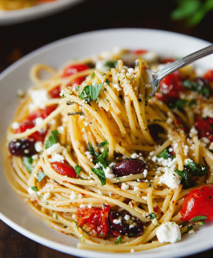 Mediterranean Spaghetti with Feta & Olives