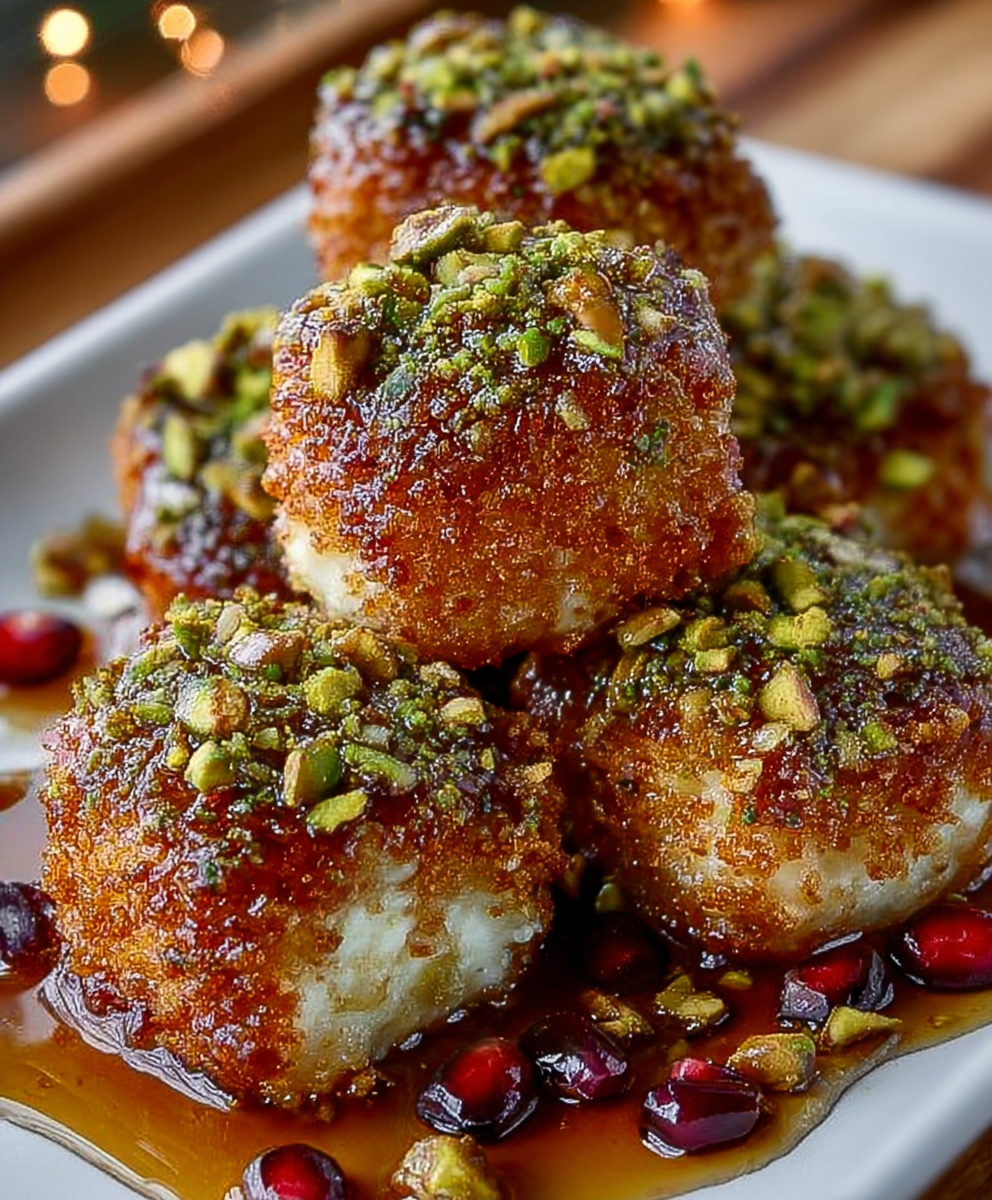 Pistachio-Crusted Honey Fried Cheesecake Bites
