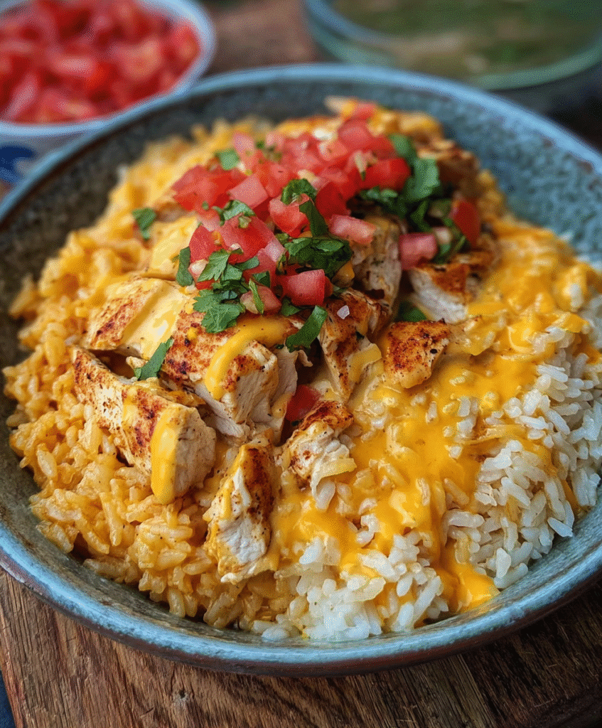 Cheesy Crockpot Queso Chicken & Rice