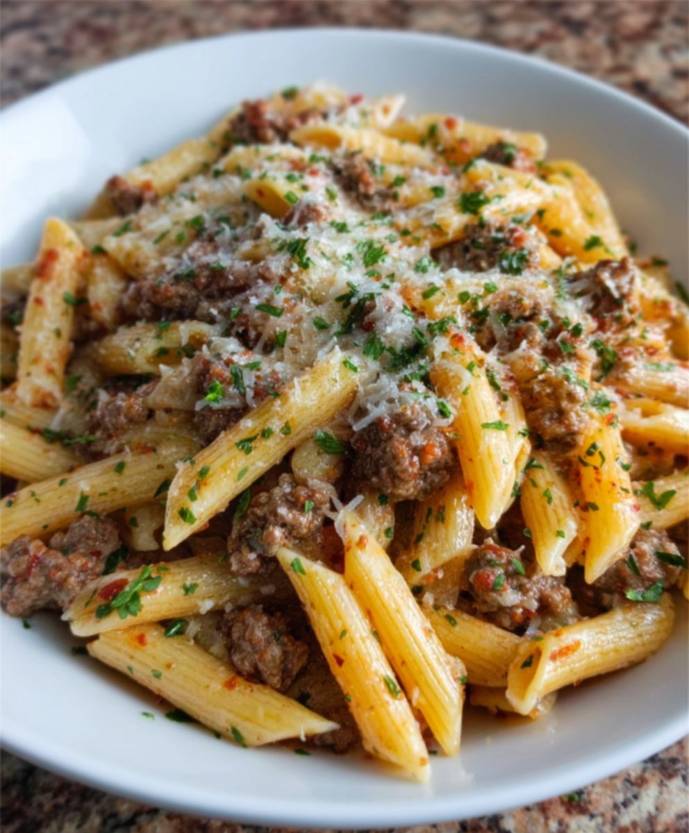 Cheesy Penne with Garlic-Butter Ground Beef