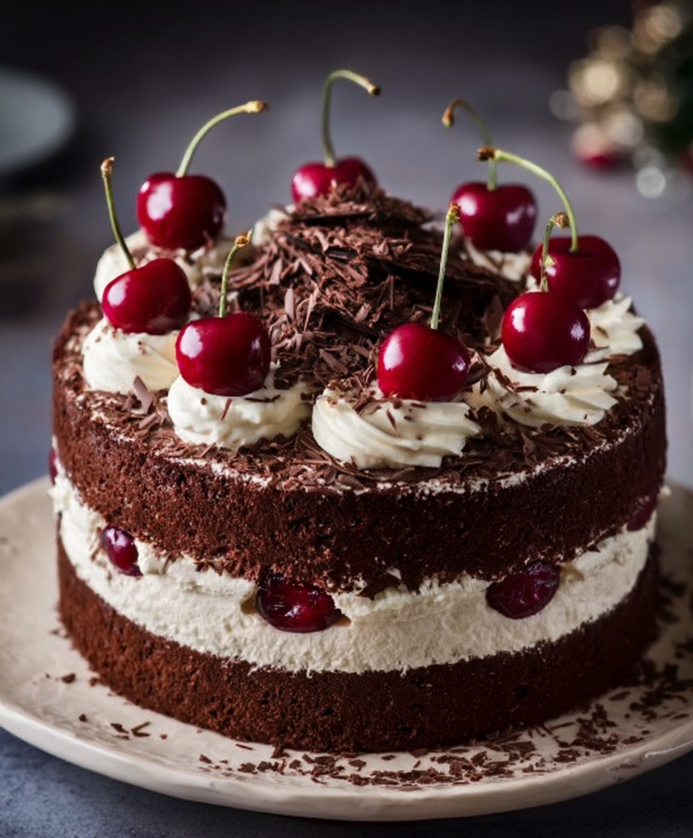 Classic Black Forest Cake with Chocolate Shavings & Cherries