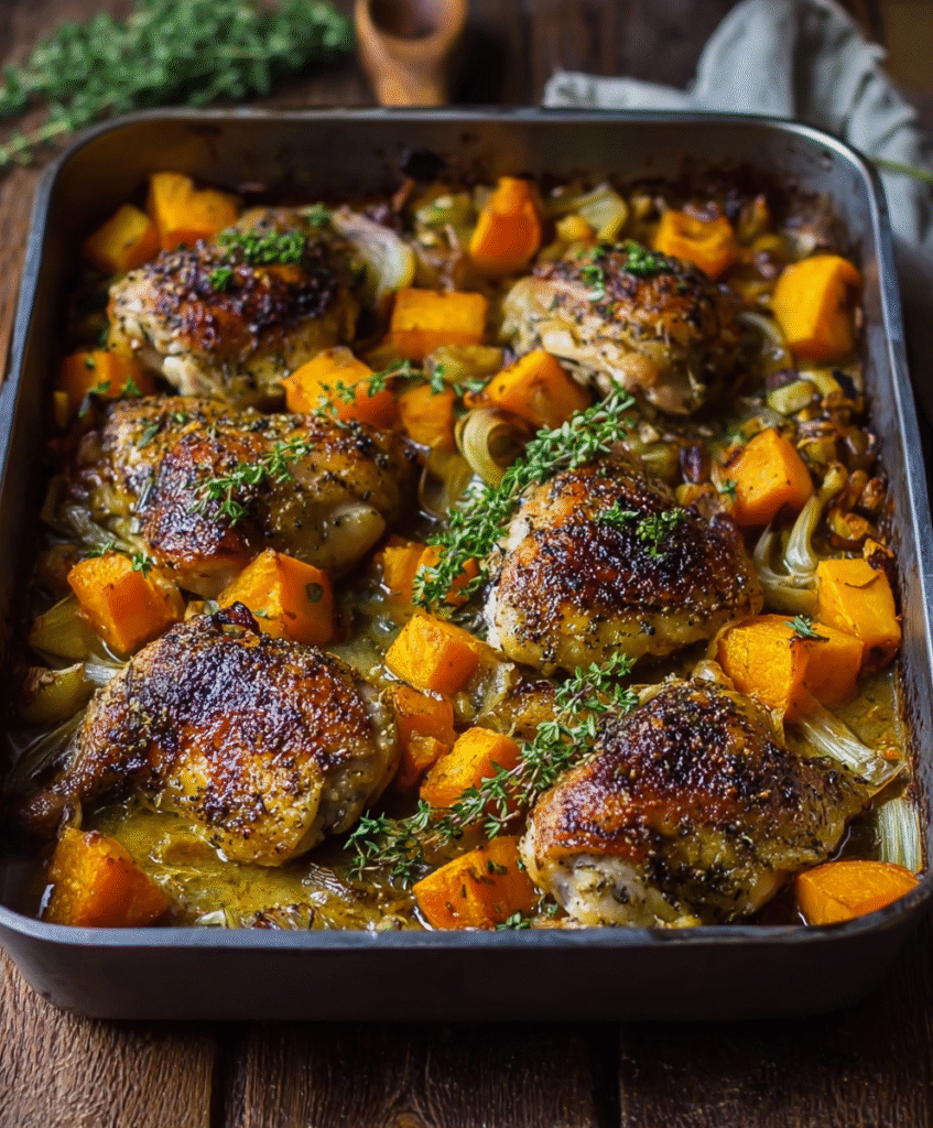 Cozy Roasted Chicken with Leeks & Butternut Squash Bake