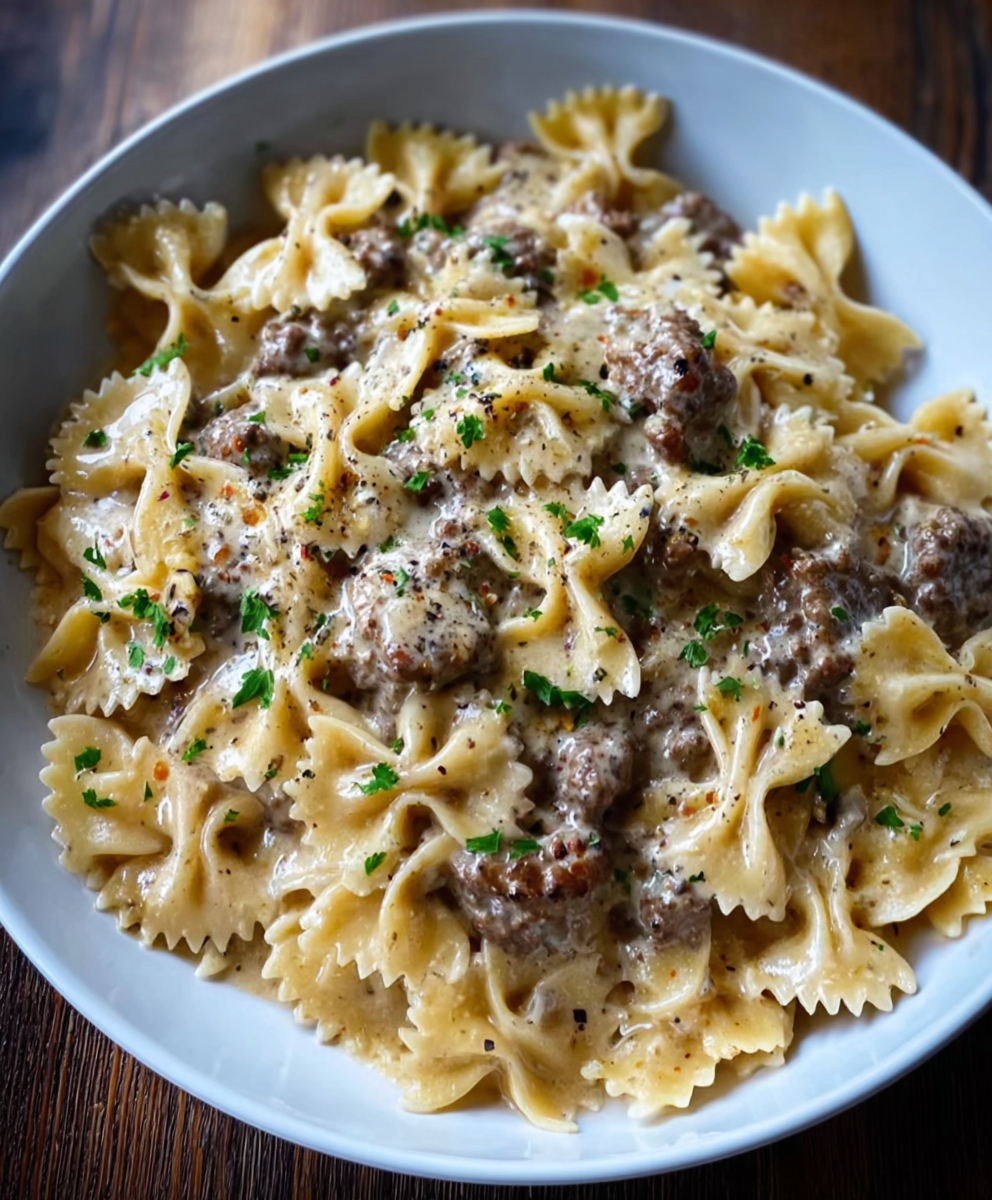 Creamy Parmesan Garlic Beef Bowtie Pasta