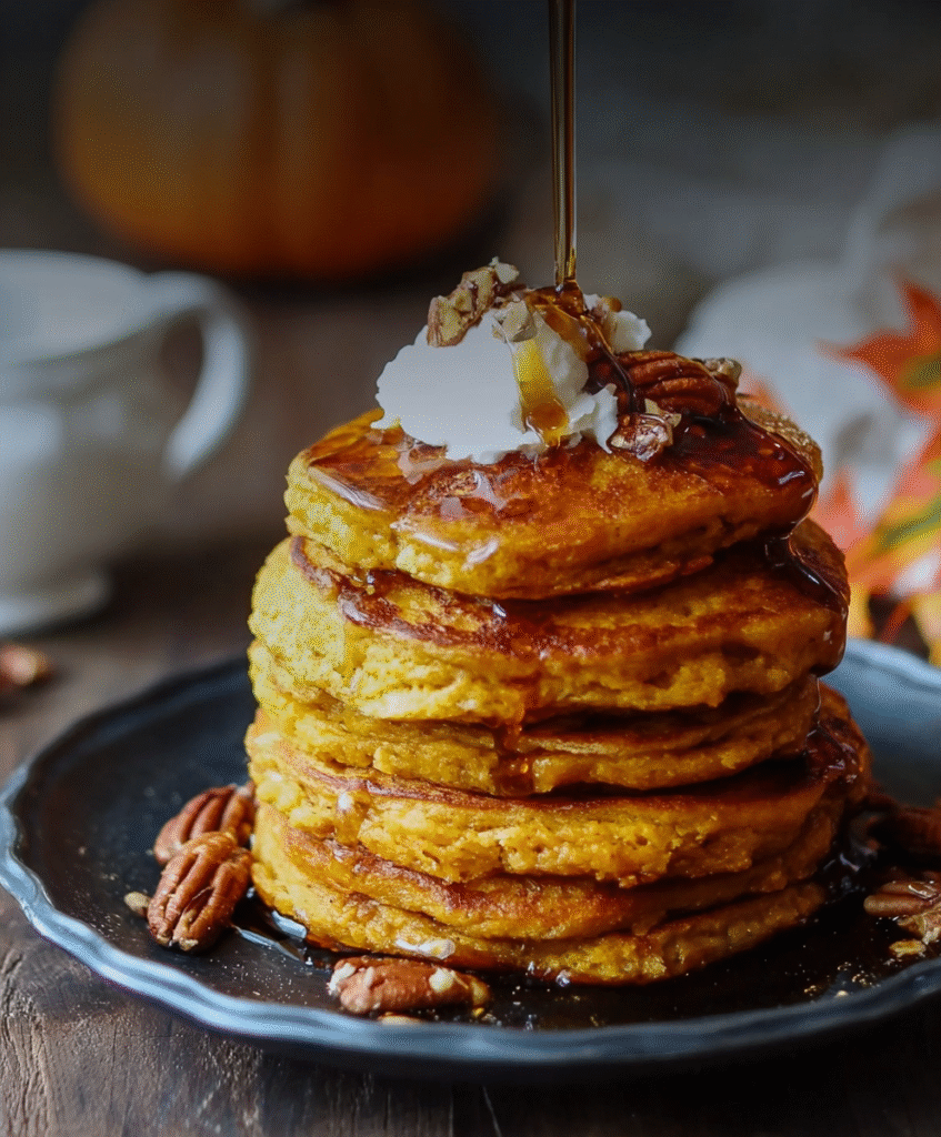 Fluffy Pumpkin Pancakes with Spiced Syrup
