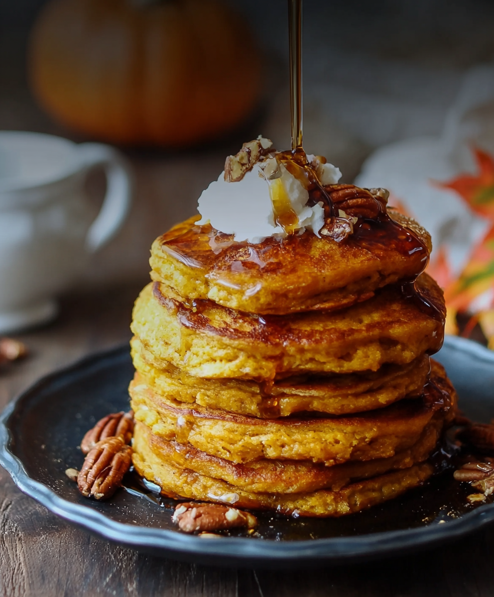 Fluffy Pumpkin Pancakes with Spiced Syrup