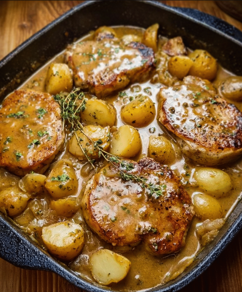 Smothered Pork Chops with Potatoes in Gravy