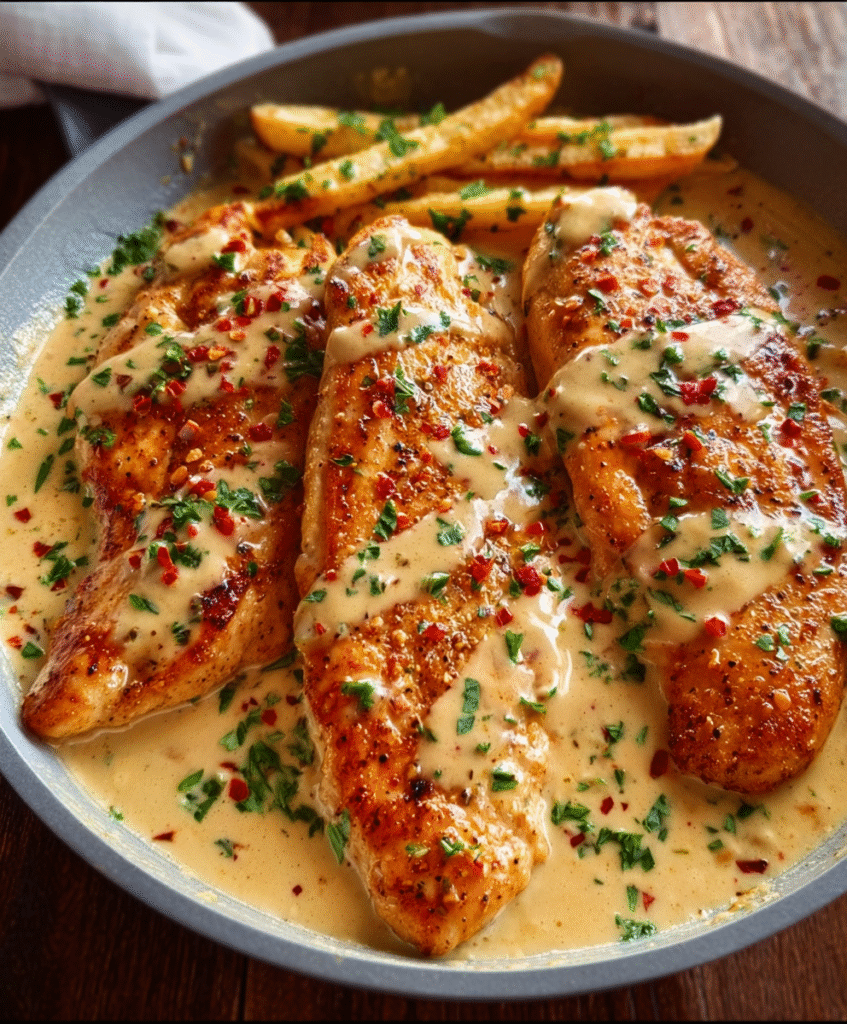 Spicy Garlic-Parmesan Chicken Fillets with Creamy Sauce