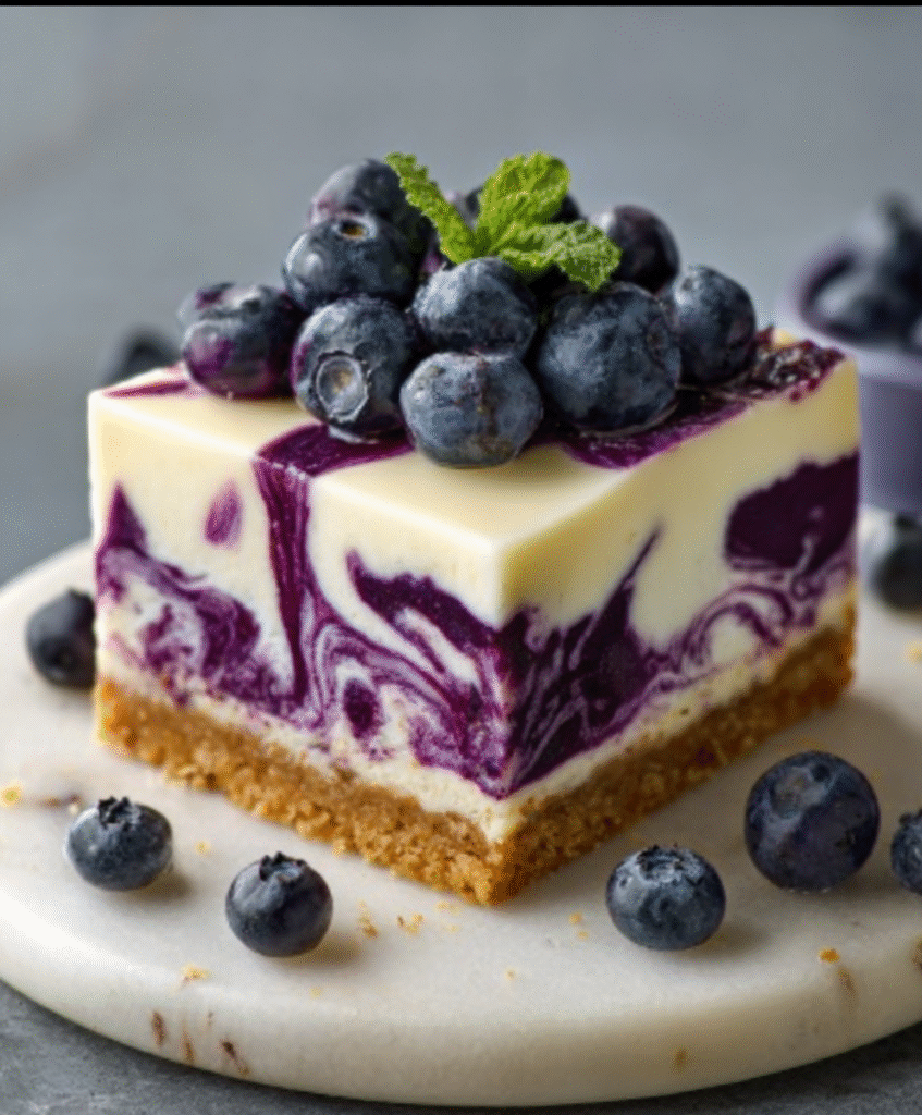 White Chocolate Blueberry Swirl Cheesecake Bars