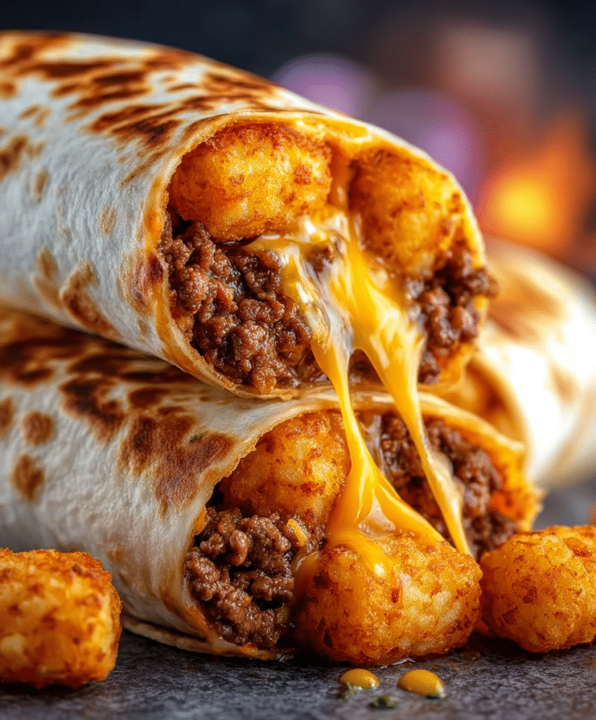 Cheesy Beef & Crispy Tater Tot Burritos