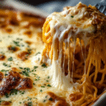 Creamy Baked Spaghetti with Ground Beef & Mozzarella