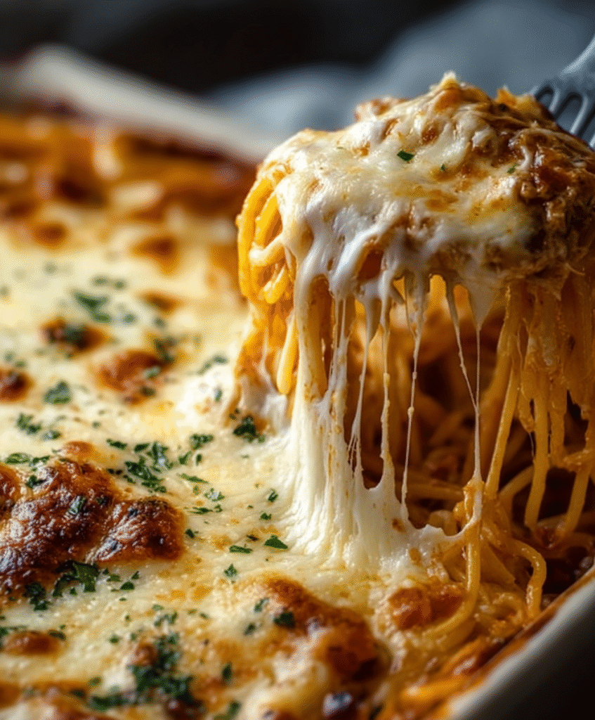 Creamy Baked Spaghetti with Ground Beef & Mozzarella