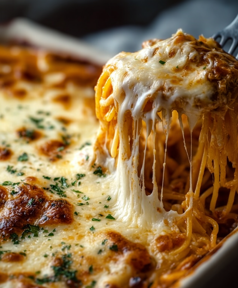 Creamy Baked Spaghetti with Ground Beef & Mozzarella