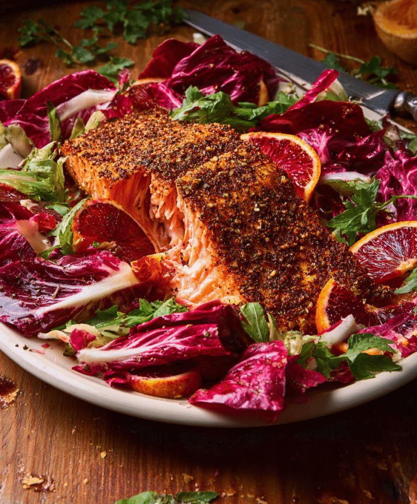 Cumin, Coriander & Fennel–Rubbed Salmon with Ruby Radicchio Salad