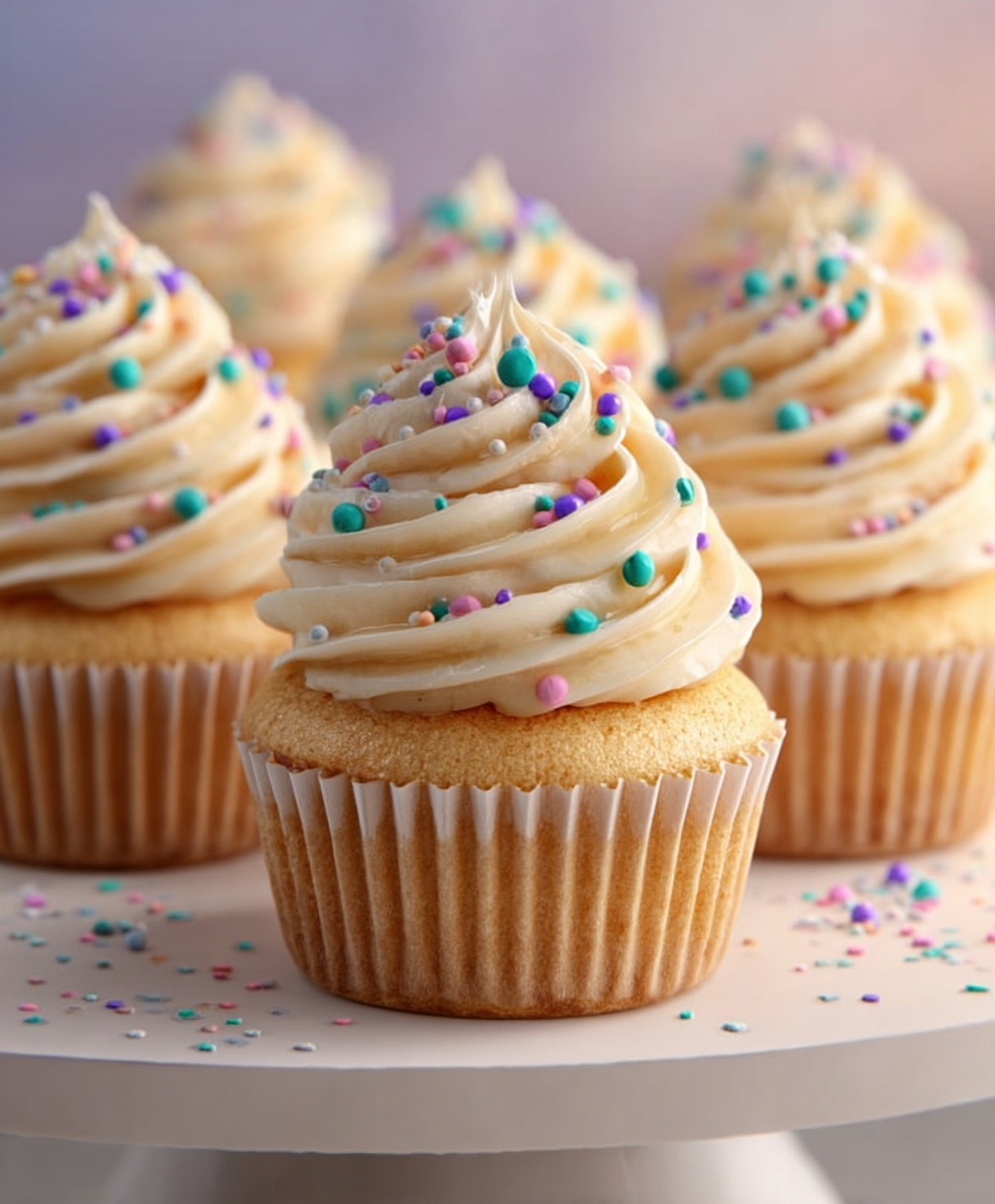 Fluffy Classic Vanilla Cupcakes with Swirled Buttercream