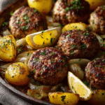 Greek-Style Sheet Pan Biftekia with Lemon Potatoes
