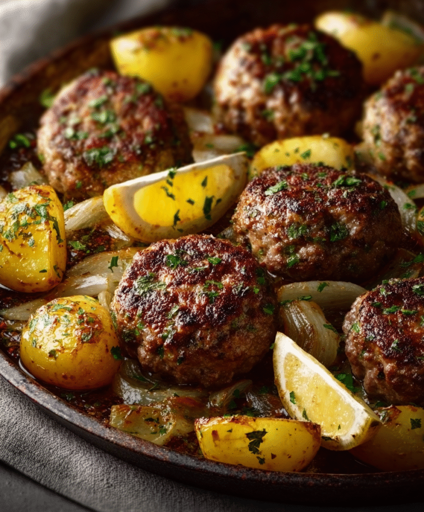 Greek-Style Sheet Pan Biftekia with Lemon Potatoes
