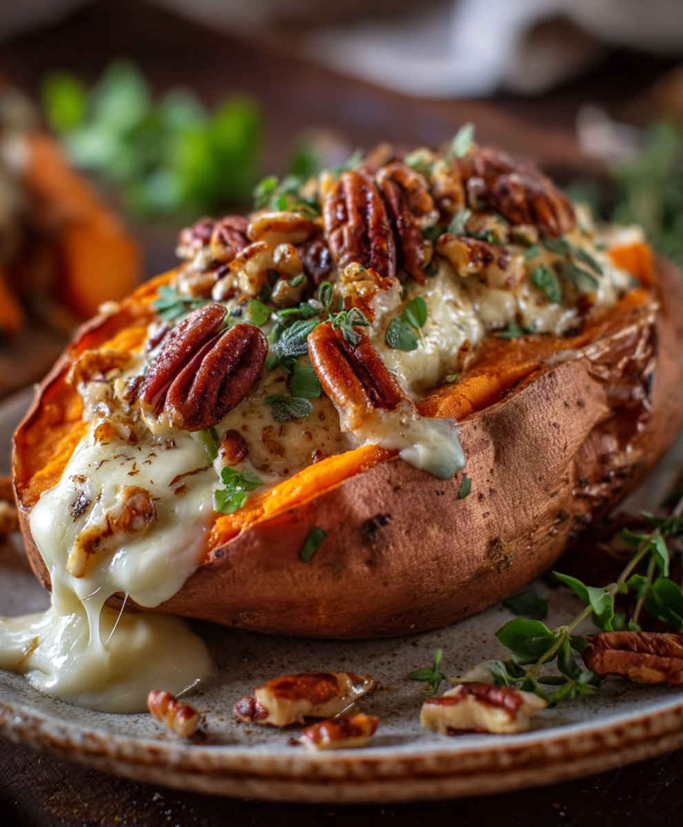 Maple-Pecan Brie Bliss Stuffed Sweet Potatoes