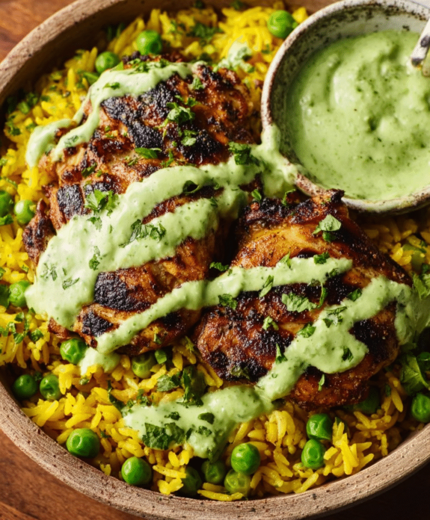 Peruvian-Style Chicken & Yellow Rice with Creamy Green Sauce