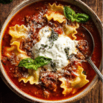 Sun-Dried Tomato Lasagna Soup with Whipped Pesto Cottage Cheese