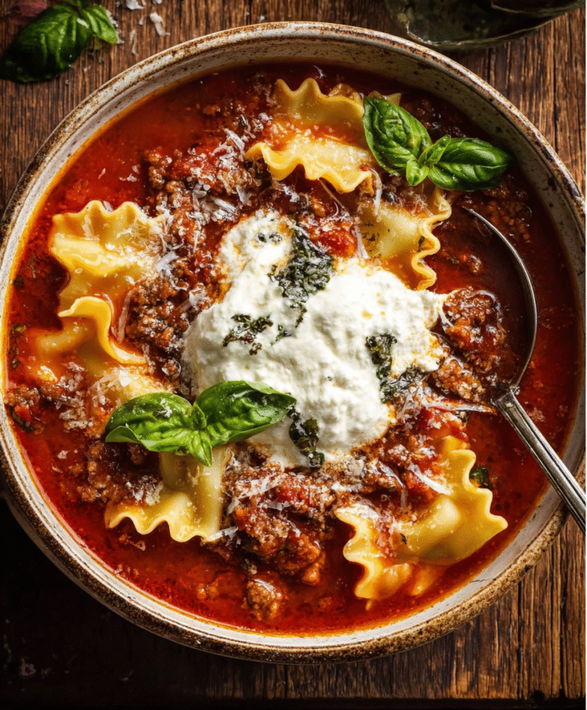 Sun-Dried Tomato Lasagna Soup with Whipped Pesto Cottage Cheese