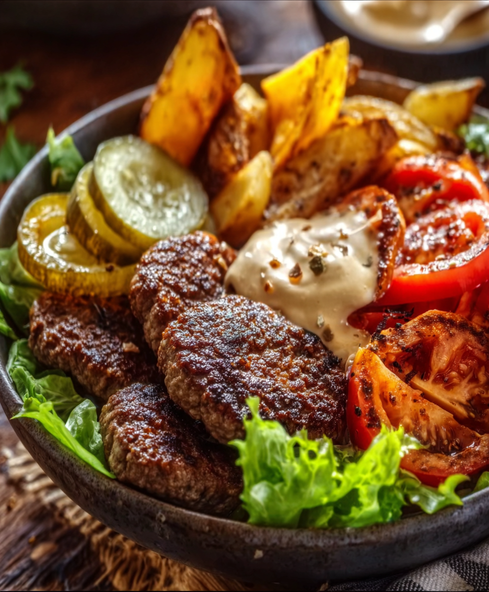 Burger Bowls with Caramelized Onion Aioli