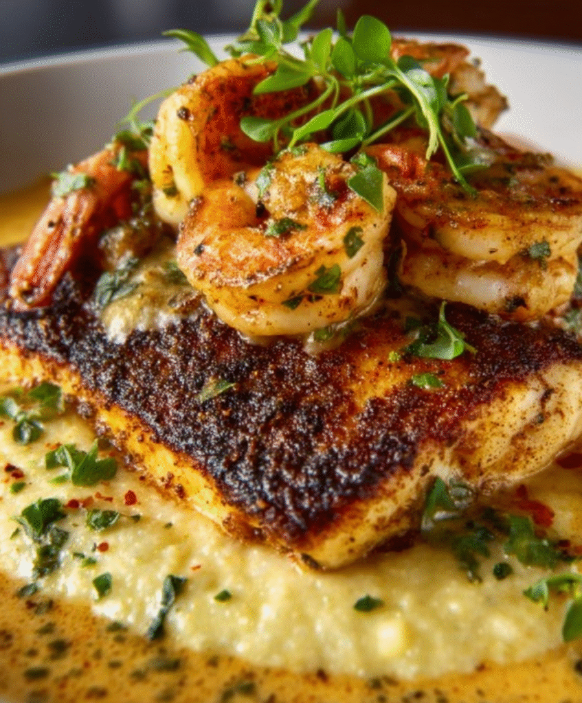 Cajun Red Snapper & Shrimp Over Creamy Grits