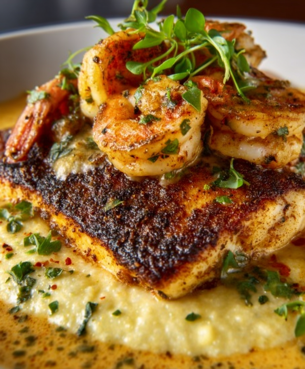 Cajun Red Snapper & Shrimp Over Creamy Grits