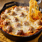 Cheesy Baked Spaghetti & Meatballs Skillet