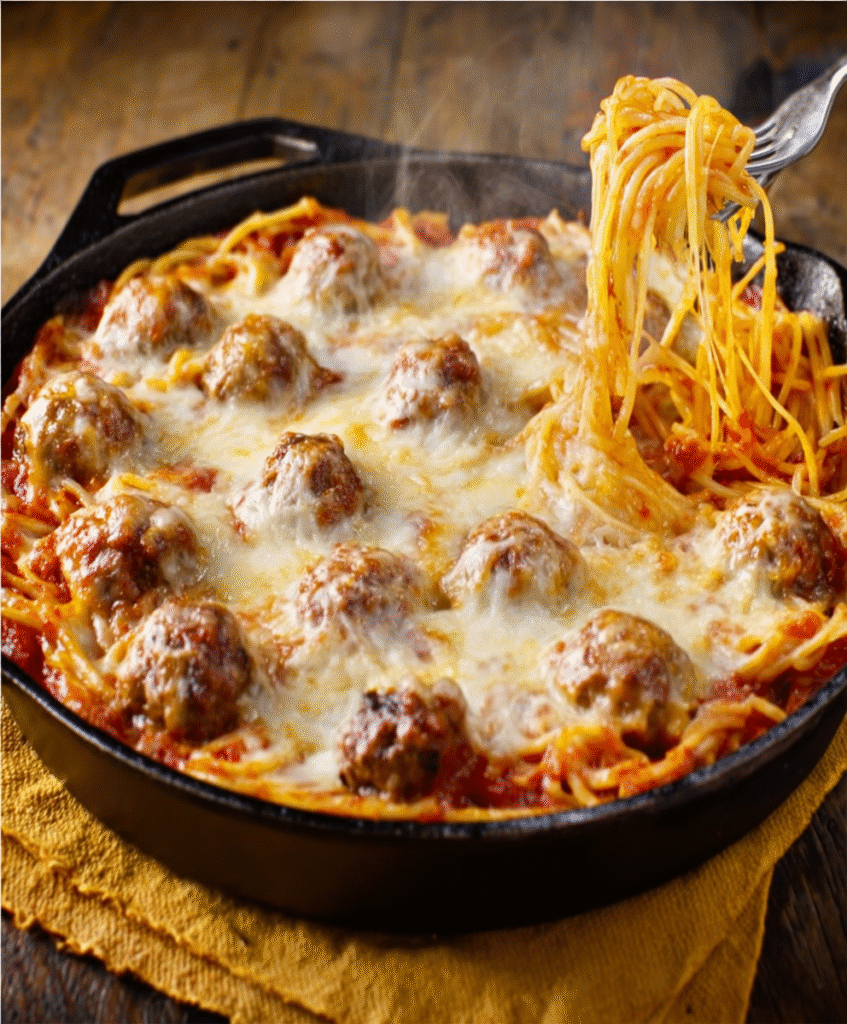 Cheesy Baked Spaghetti & Meatballs Skillet