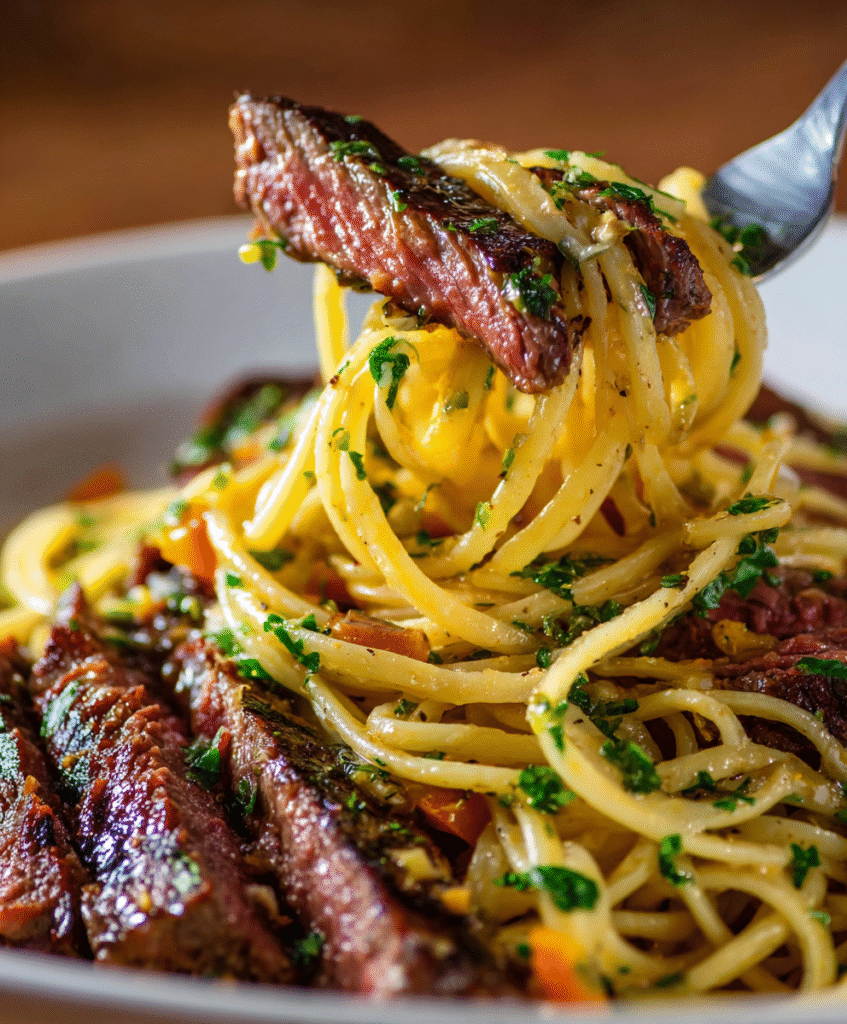 Cowboy Butter Steak Linguine with Roasted Carrots
