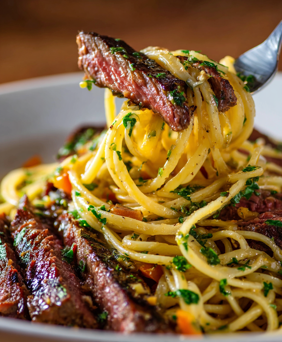 Cowboy Butter Steak Linguine with Roasted Carrots