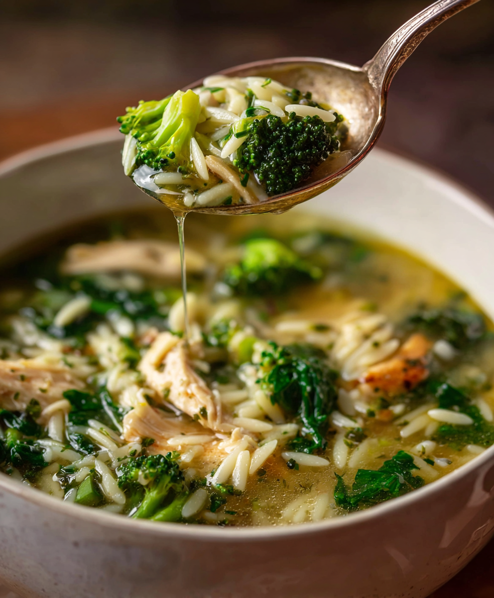 Cozy Broccoli Chicken Orzo Soup with Spinach