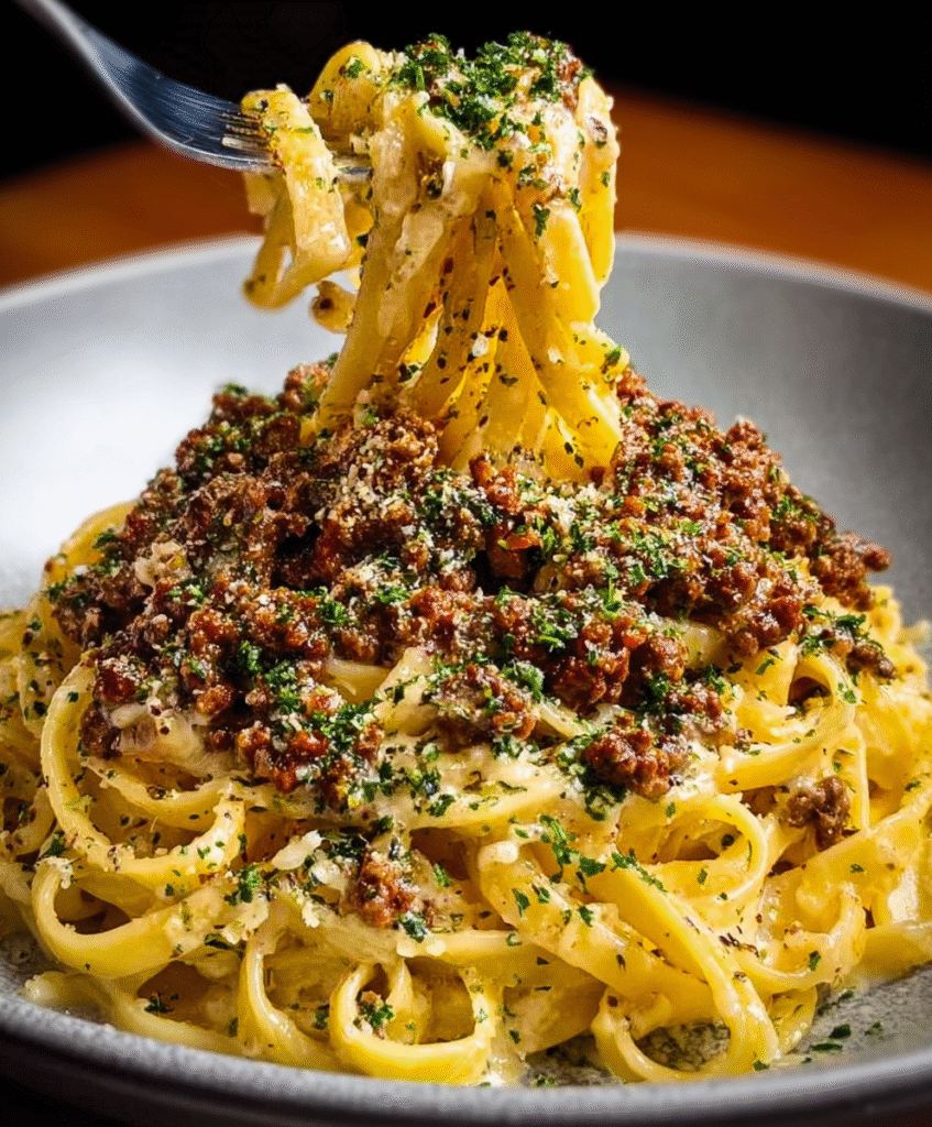 Creamy Garlic-Butter Parmesan Beef Linguine