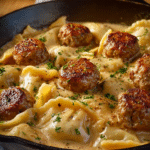 Creamy Pierogi & Meatball Skillet