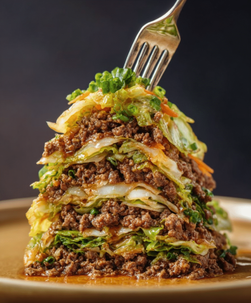 Healthy Chinese Ground Beef & Cabbage Stir-Fry Stack