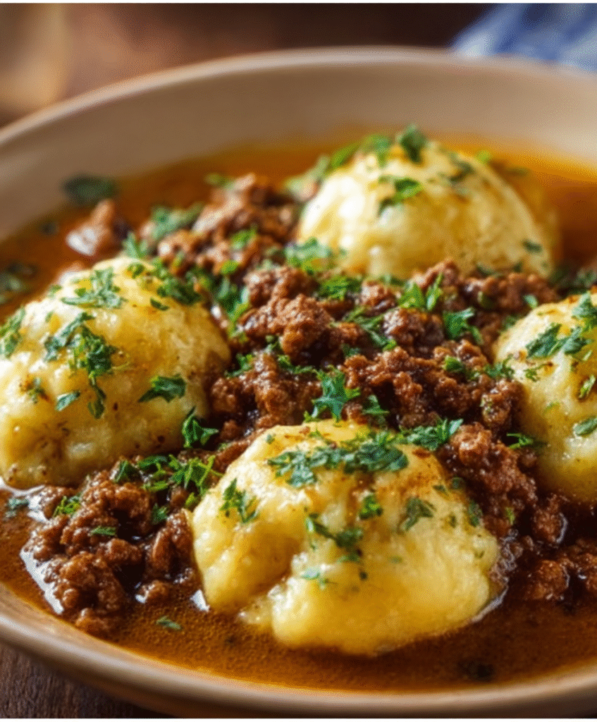 Hearty Ground Beef & Fluffy Dumplings