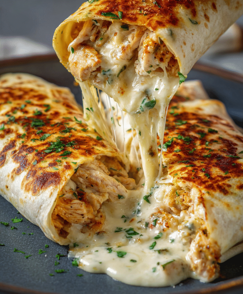 Ooey-Gooey Cheesy Garlic Chicken Wraps