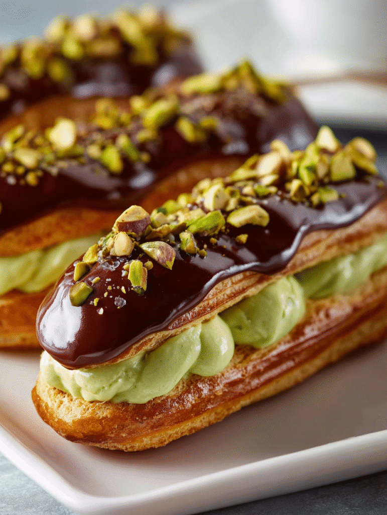Pistachio Dream Éclairs with Chocolate Glaze