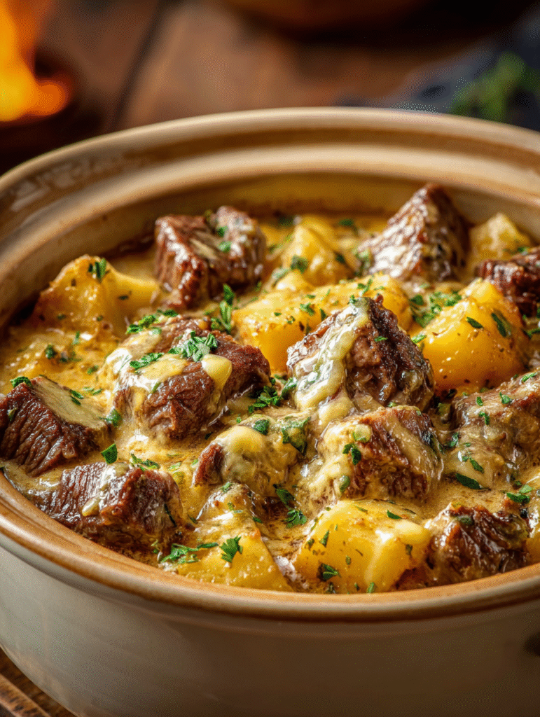Slow Cooker Steak & Cheddar Potato Comfort Bake