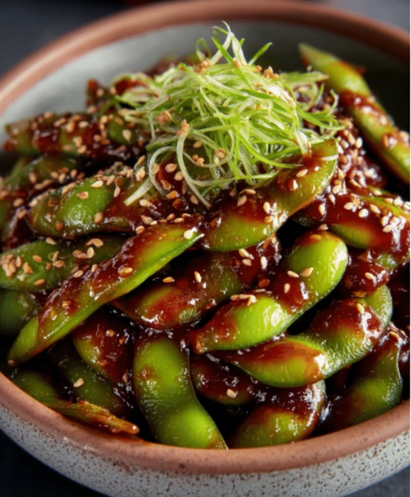 Spicy Garlic Edamame with Gochujang Caramel Glaze