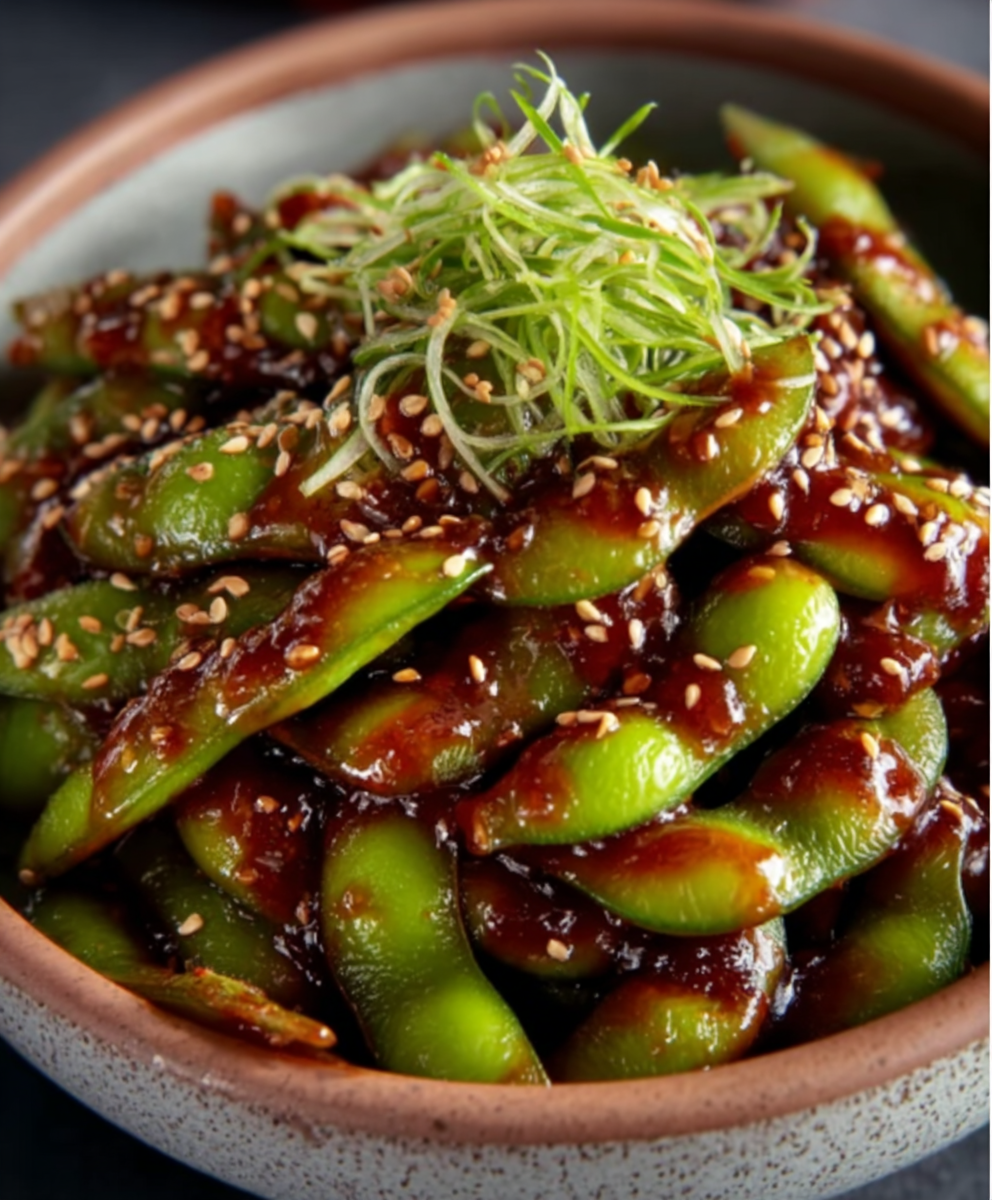 Spicy Garlic Edamame with Gochujang Caramel Glaze