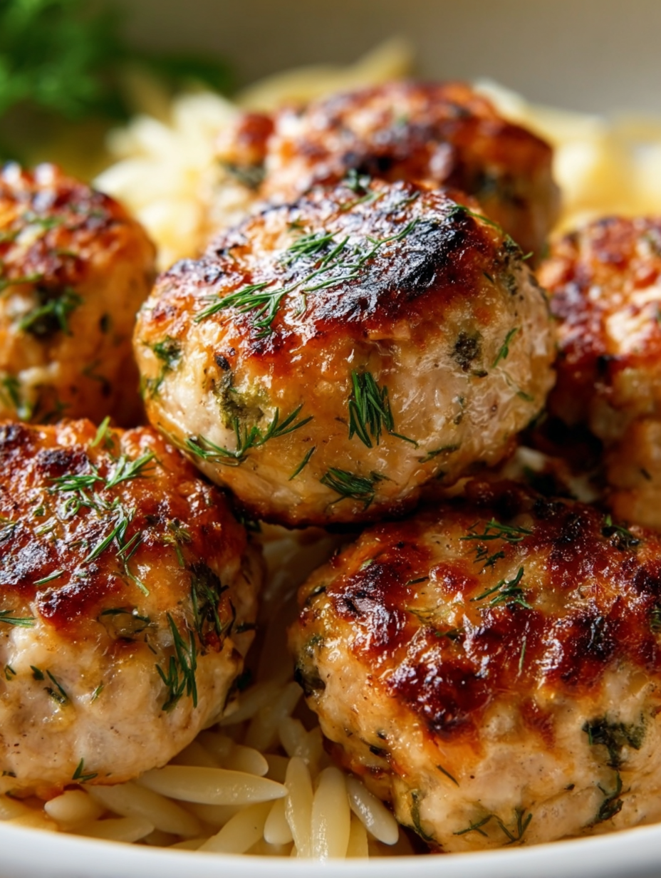 Golden Herb Chicken Meatballs with Buttered Orzo