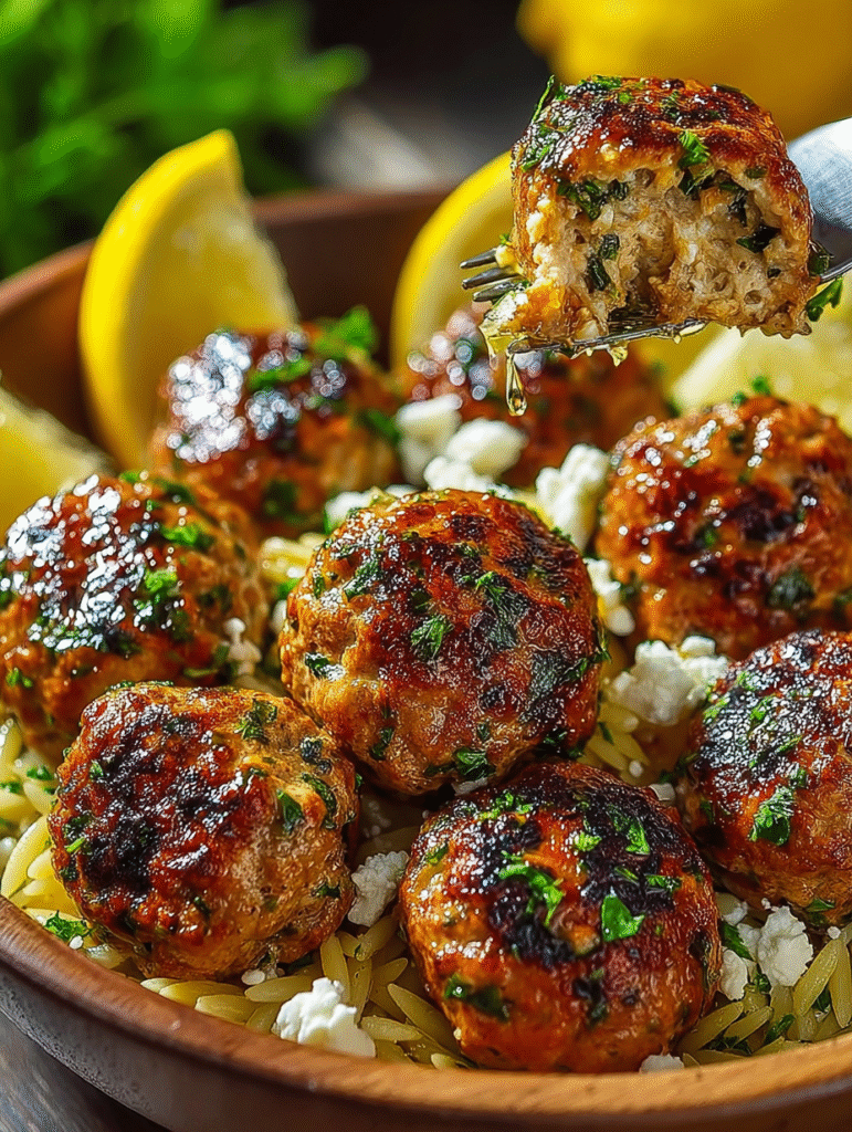 Greek Lemon Chicken Meatballs with Herbed Orzo